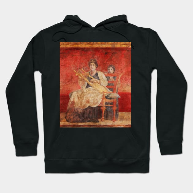 SEATED WOMAN PLAYING A LYRE POMPEII ANTIQUE ROMAN FRESCO IN RED Hoodie by BulganLumini